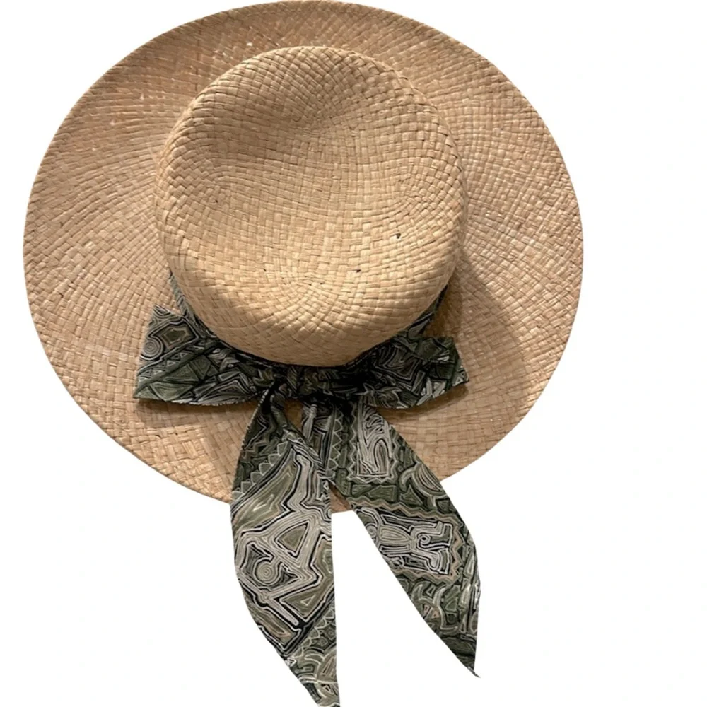 Hawaiian Headwear Straw Hat with Green Print Band & Bow